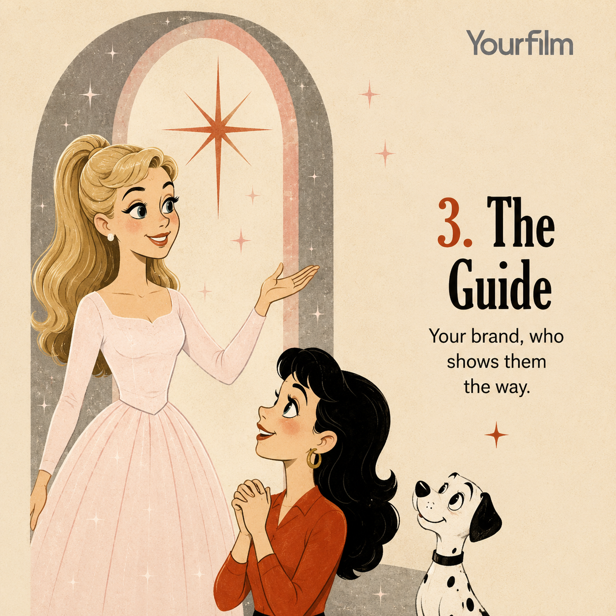 The third stage of the hero's journey in marketing. A picture of the hero meeting a guide. This is your brand. You will help the hero solve their problem and achieve their objectives.