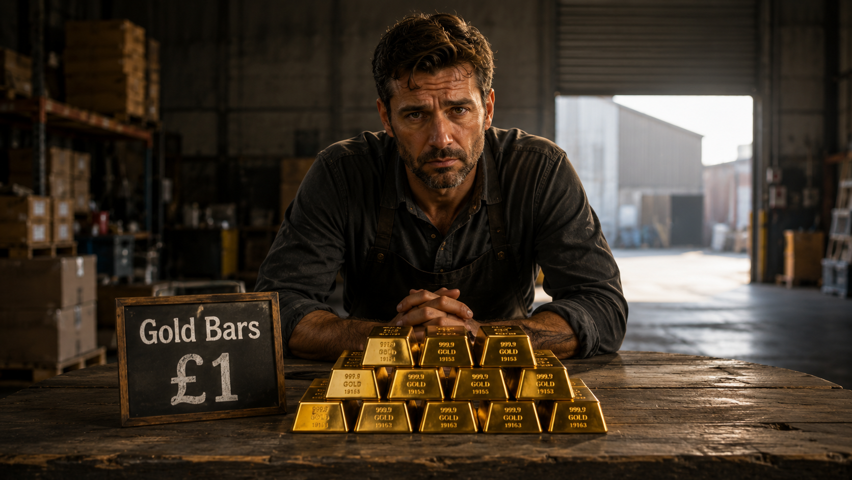 A picture of a man selling gold bars for £1